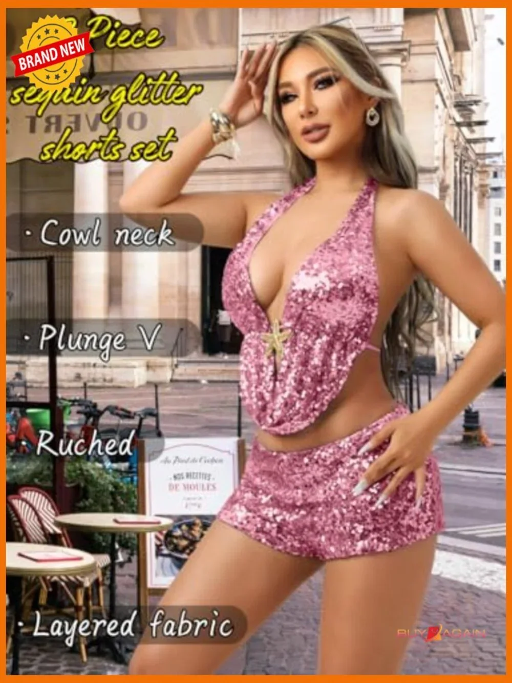 Sequin Two Piece Set - Cowl Neck Top & Booty Shorts - Club Rave Outfit - Picture 2 of 7
